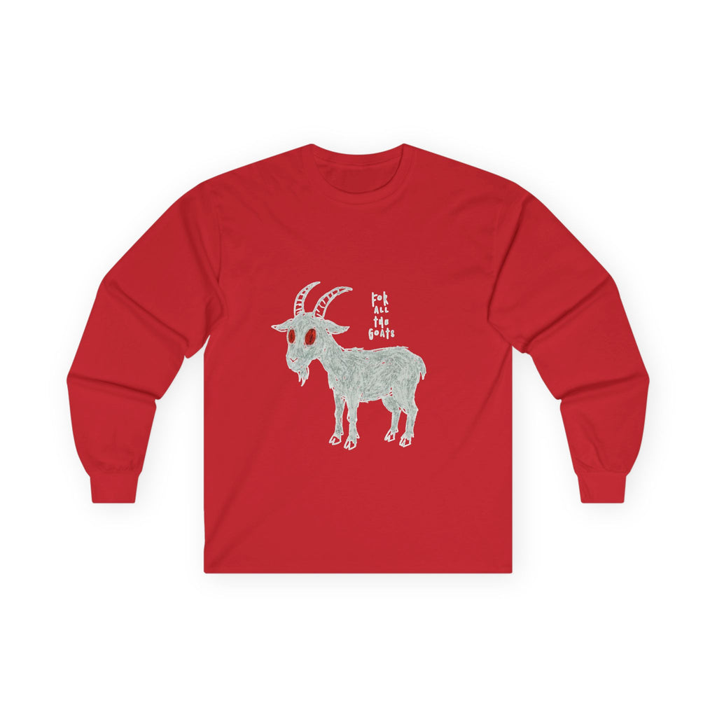 For All the Goats Graphic Long Sleeve Tee — Red-Eyed Goat Design