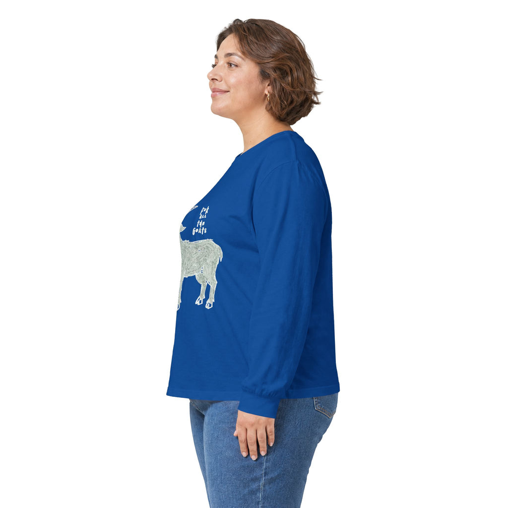 For All the Goats Graphic Long Sleeve Tee — Red-Eyed Goat Design